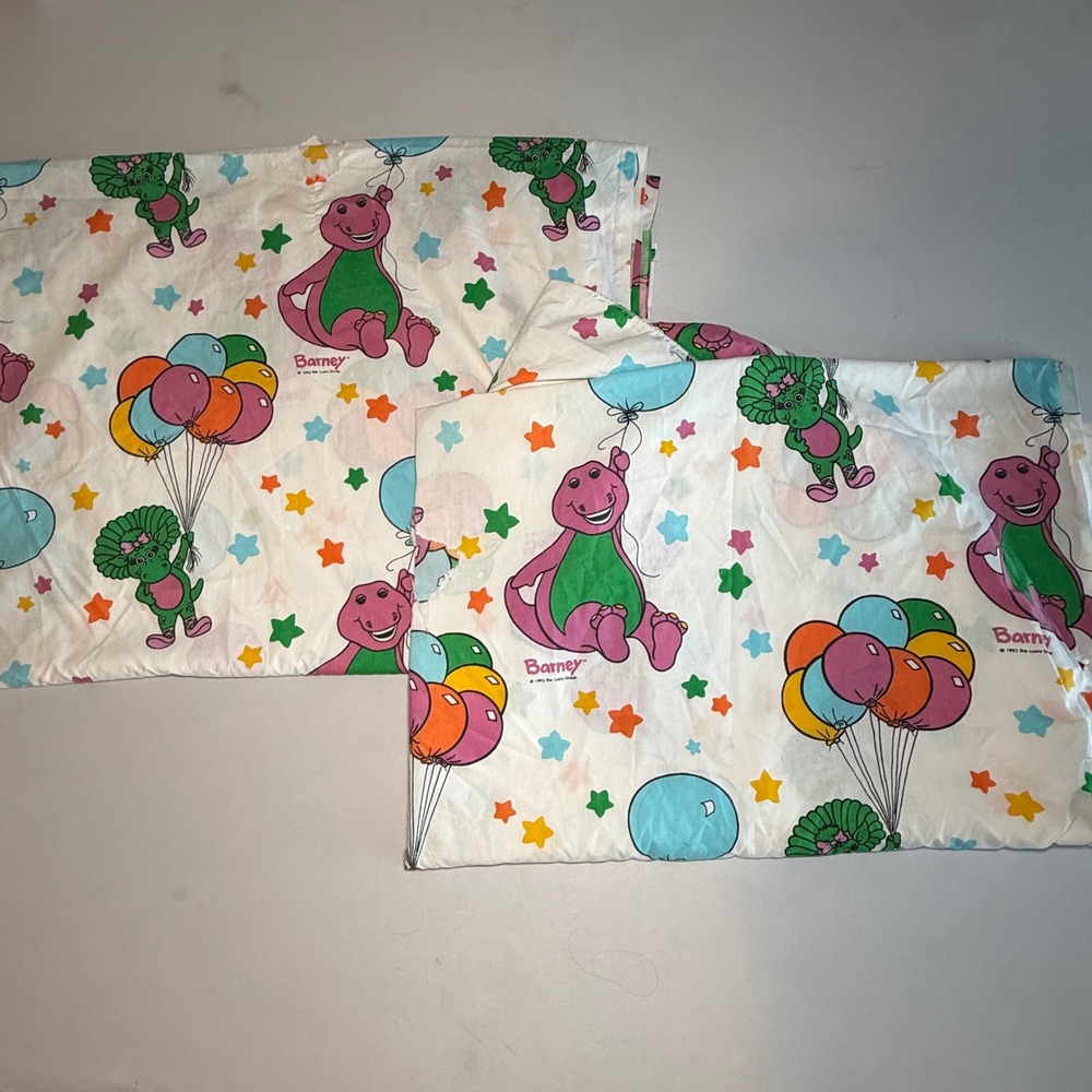Vtg 93 Barney & Friends Flat Sheets Royalton Baby Bop Balloons Stars Fabric 2pc